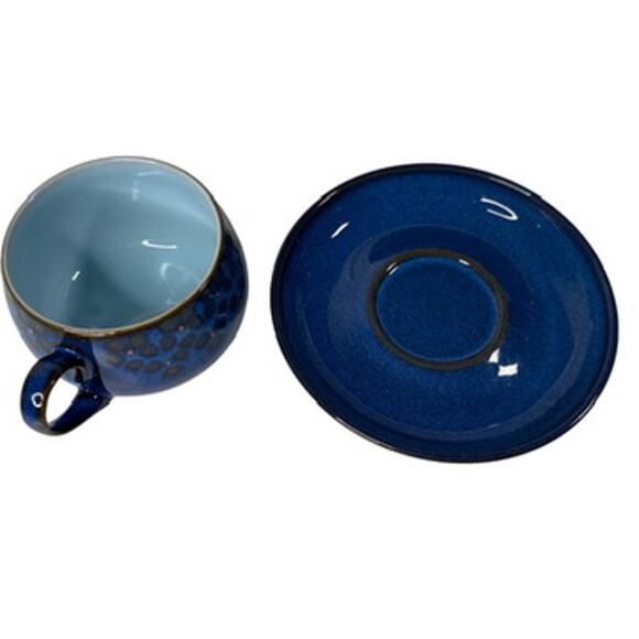 Denby Midnight England Cup and Saucer Blue with Brown and Red Details - Picture 8 of 10
